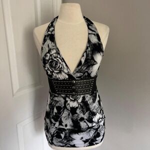 Y2K BLACK AND WHITE ROSE‎ PRINT BELTED HALTER NECK TANK TOP